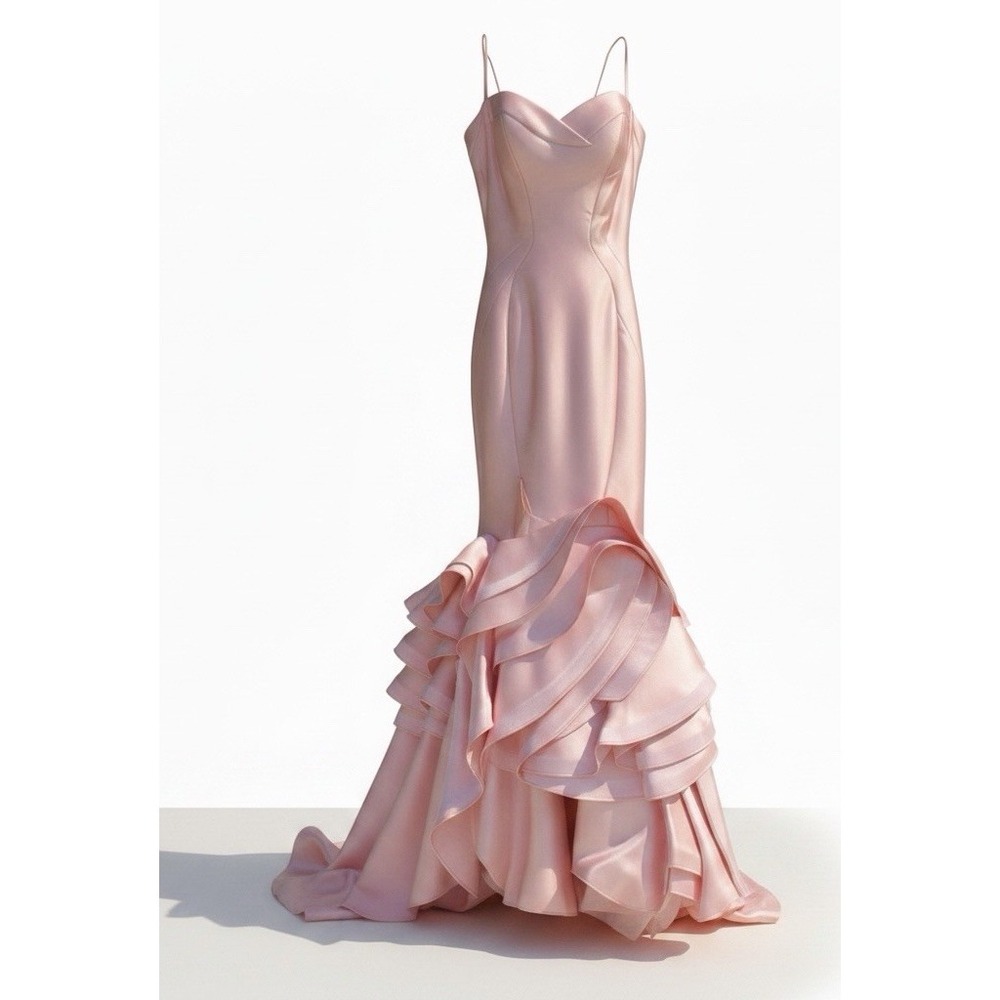 Rachel Allan Cocktail Dress Blush Satin Ruffled Rosette Gown Pink Size 4